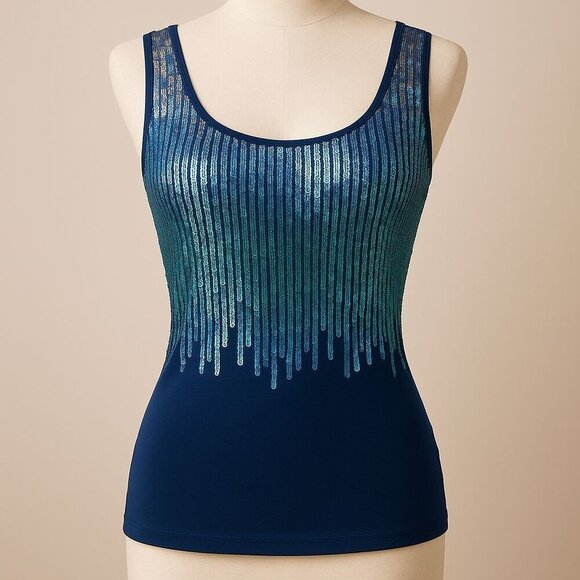 Express Ombre Sequin Tank Top S – Blue Green Scoop Neck Stretch Twilight Glam - Picture 10 of 12